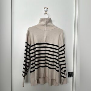 Muji Cream and Black Striped Turtleneck Sweater with Zipper in Size XL